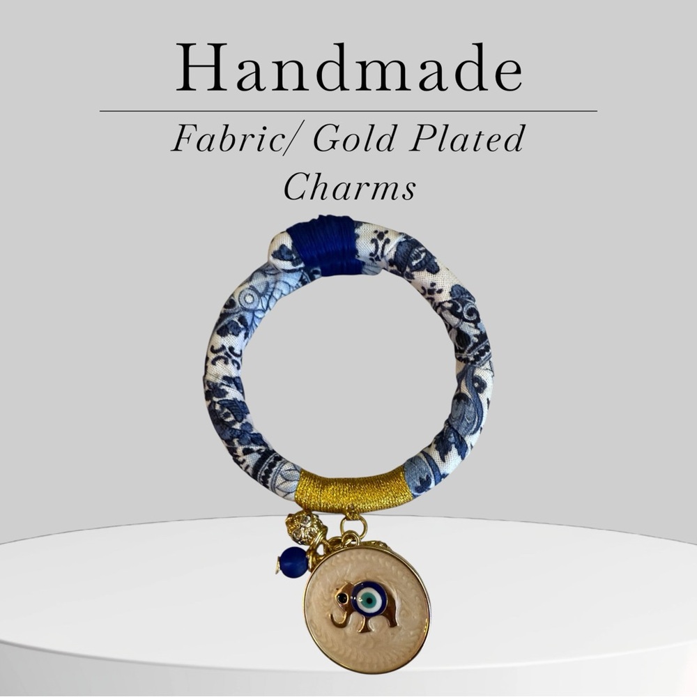 Handmade Blue and Gold Fabric Bracelet with Charms